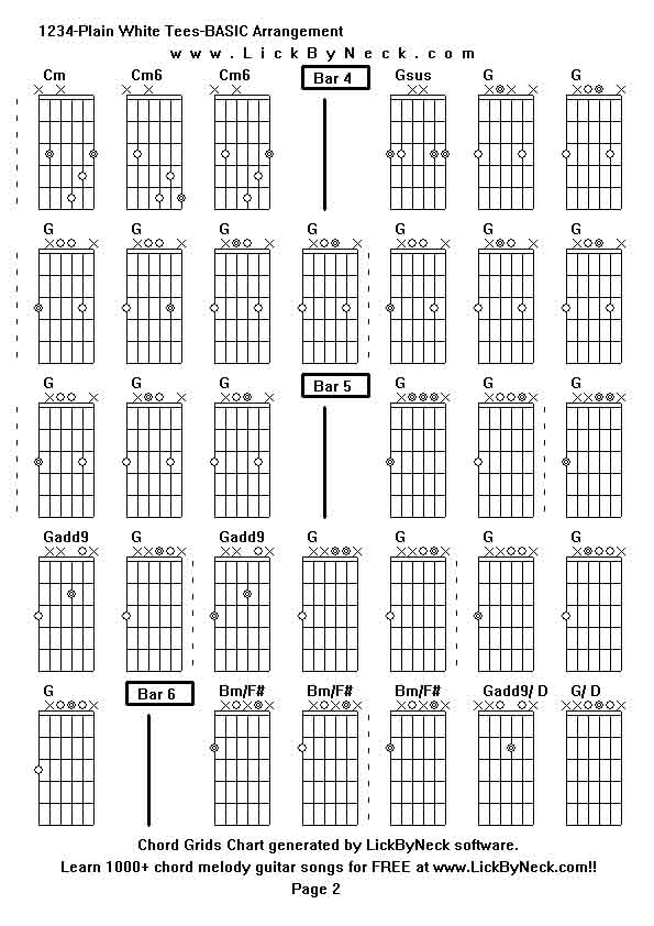 Chord Grids Chart of chord melody fingerstyle guitar song-1234-Plain White Tees-BASIC Arrangement,generated by LickByNeck software.